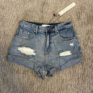 Denim Shorts- worn in look of comfortable denim- zip up- rolled cuff